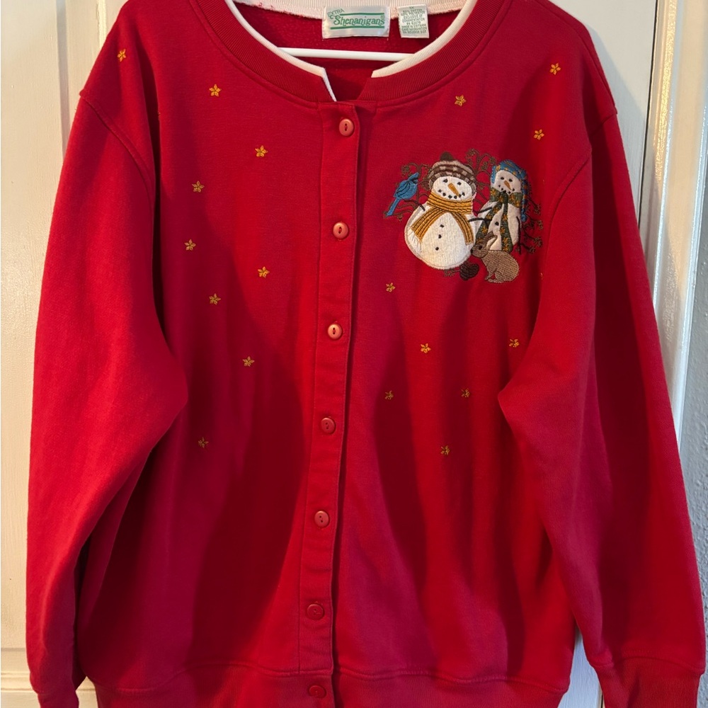ShenanigansExtra Vintage RedSweatshirt Cardigan Snowman Embroidered 1X Christmas